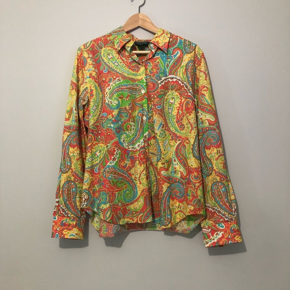 Vintage Lauren Ralph Lauren Vibrant Paisley Womenโs Large Button Down Shirt